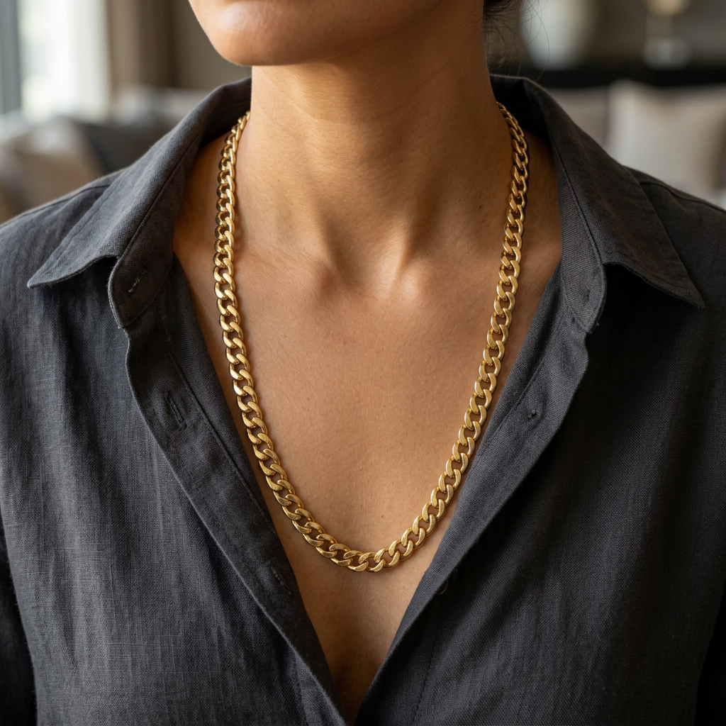 G380 24-inch yellow gold curb chain necklace worn with a dark open-collar shirt