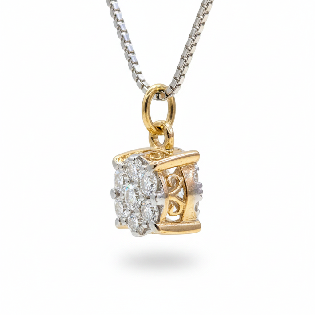 14K Yellow Gold Diamond Cluster Pendant - Side Profile