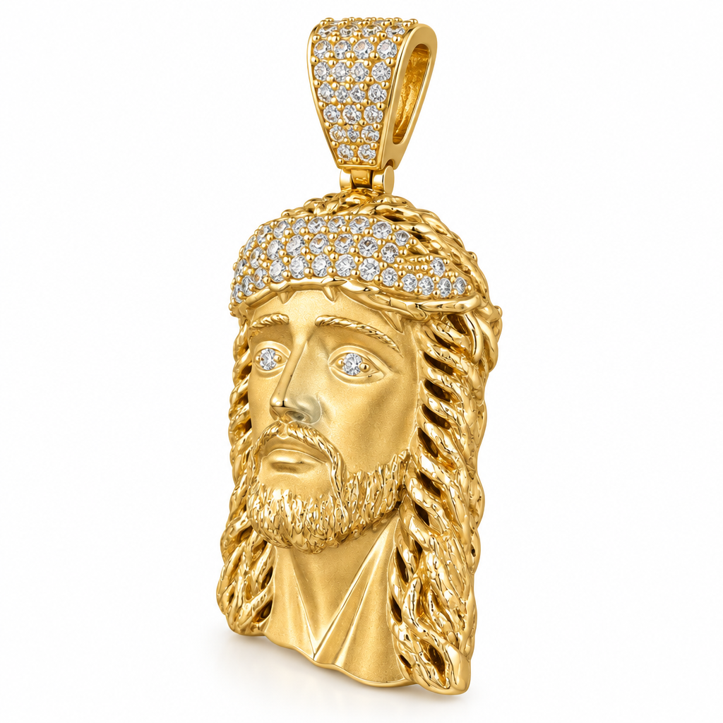14K gold Jesus head charm pendant, three-quarter angle view