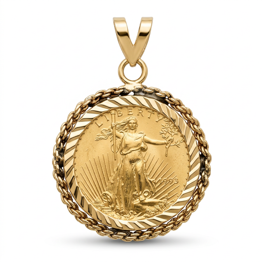 22K gold Liberty coin pendant in 14K gold rope frame, front view