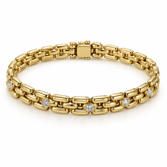 14K yellow gold panther link diamond bracelet, three-quarter product view