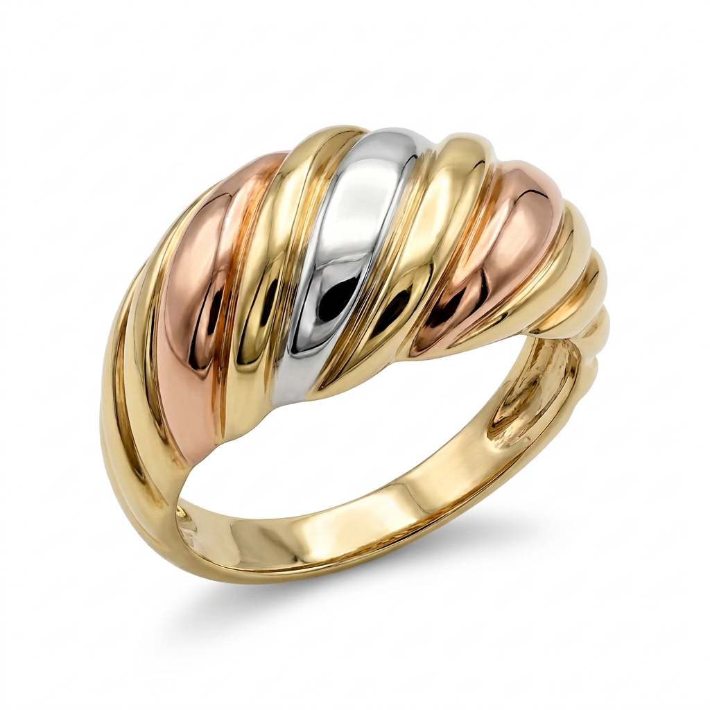 10K tricolor gold fluted dome ring in yellow, rose, and white gold, three-quarter view