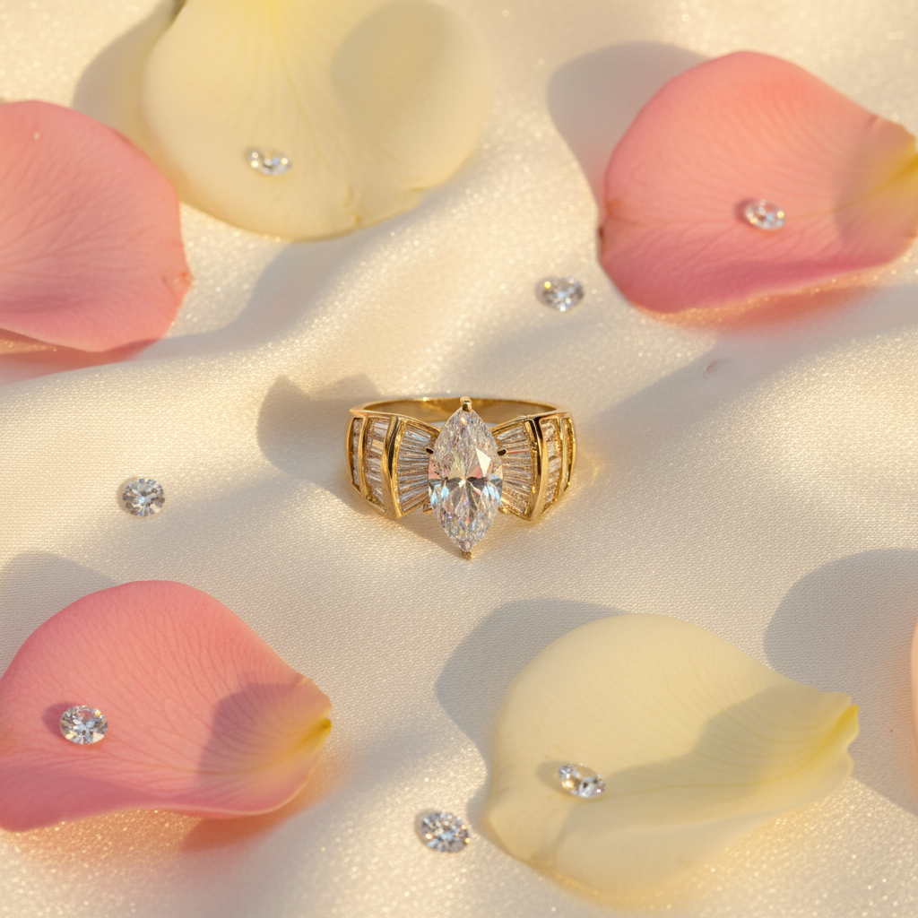 14K Yellow Gold CZ Marquise and Baguette Ring lifestyle photo