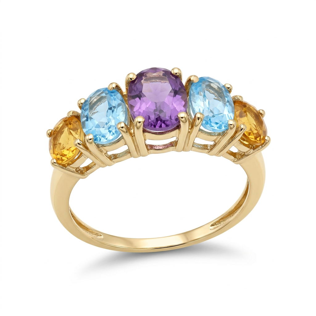 R273 10K yellow gold five-stone ring with purple, blue and yellow oval stones