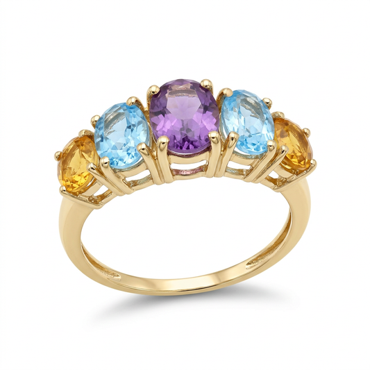 R273 10K yellow gold five-stone ring with purple, blue and yellow oval stones