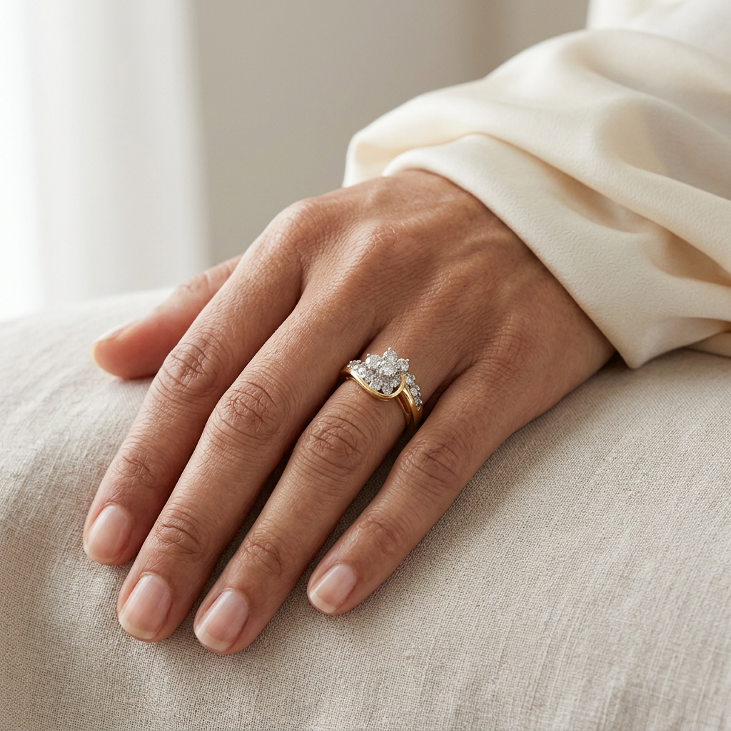 G202 yellow gold diamond cluster ring worn on a hand
