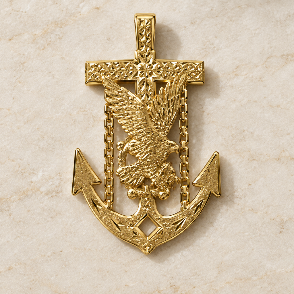 Detailed solid 14K yellow gold eagle, cross and anchor pendant on cream stone