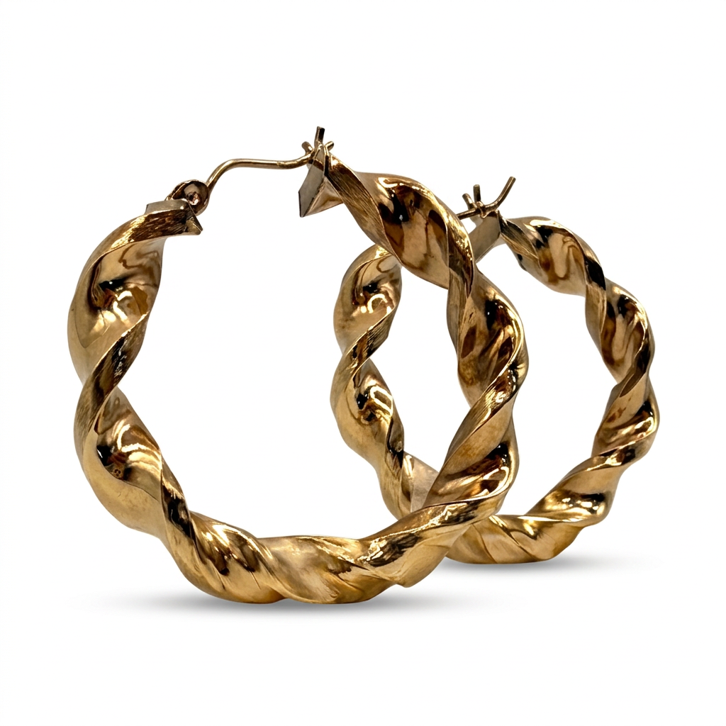 G283 10K yellow gold twisted hoop earrings, pair on white background
