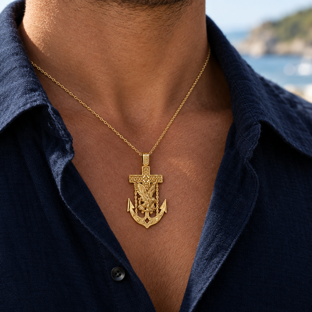 Solid 14K yellow gold eagle and anchor pendant worn on a fine gold chain
