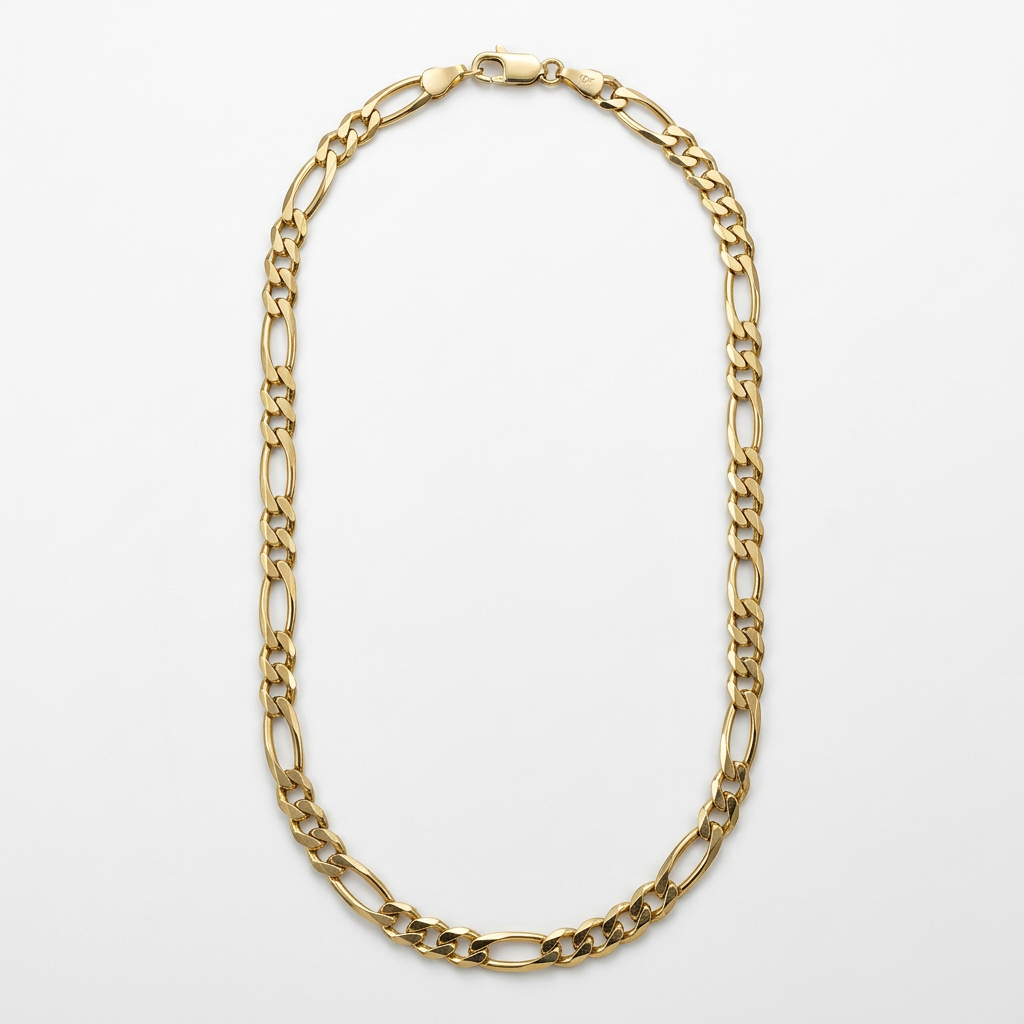 10K yellow gold 4.1mm Figaro chain necklace arranged in an elongated oval on white