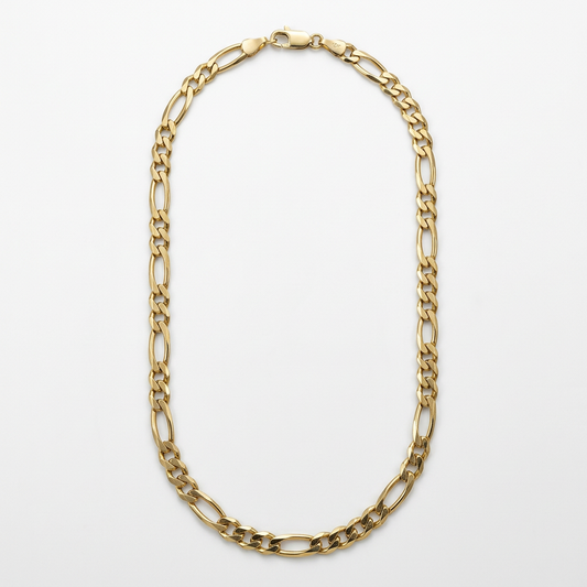 10K yellow gold 4.1mm Figaro chain necklace arranged in an elongated oval on white