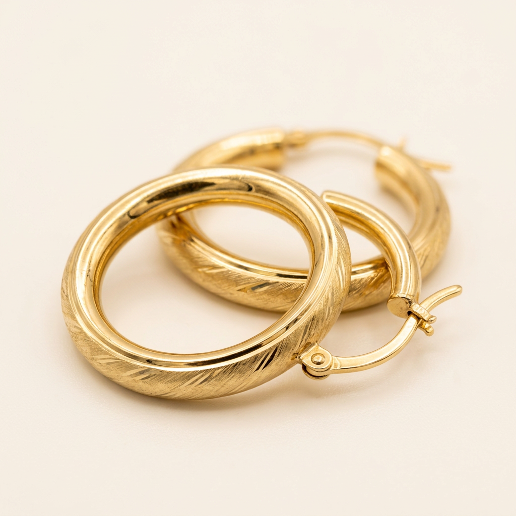 Close-up of textured yellow gold hoops and hinged snap closures