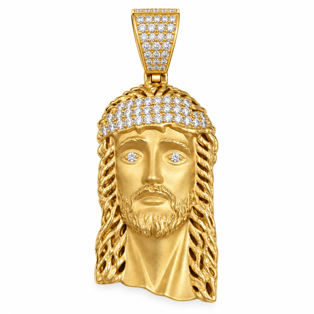 14K gold Jesus head charm pendant with CZ accents, front view