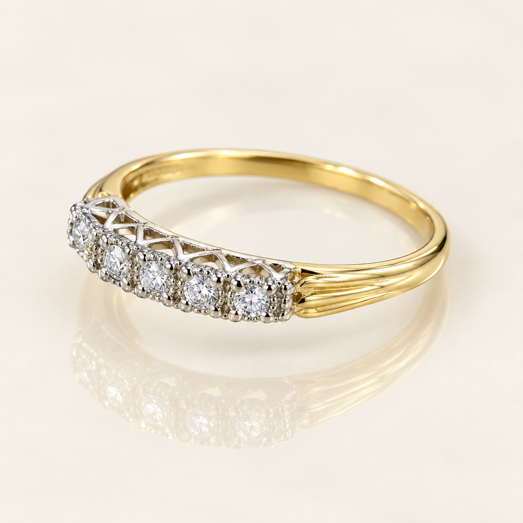 14K yellow gold diamond band, three-quarter view showing the lattice gallery