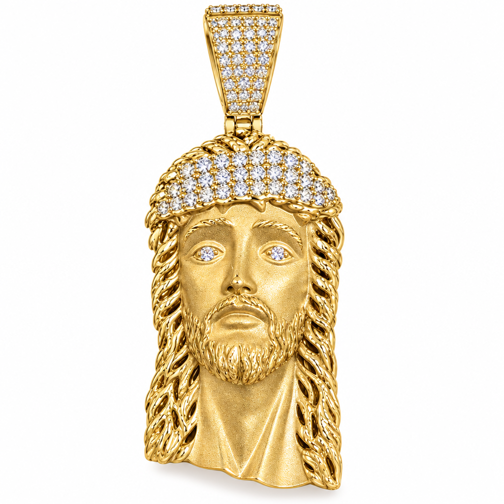 Close-up of pave CZ accents on Jesus head charm bail