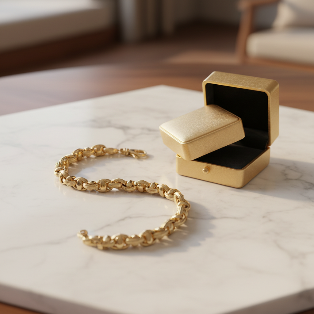 10K Yellow Gold Rope Chain Bracelet lifestyle with jewelry box