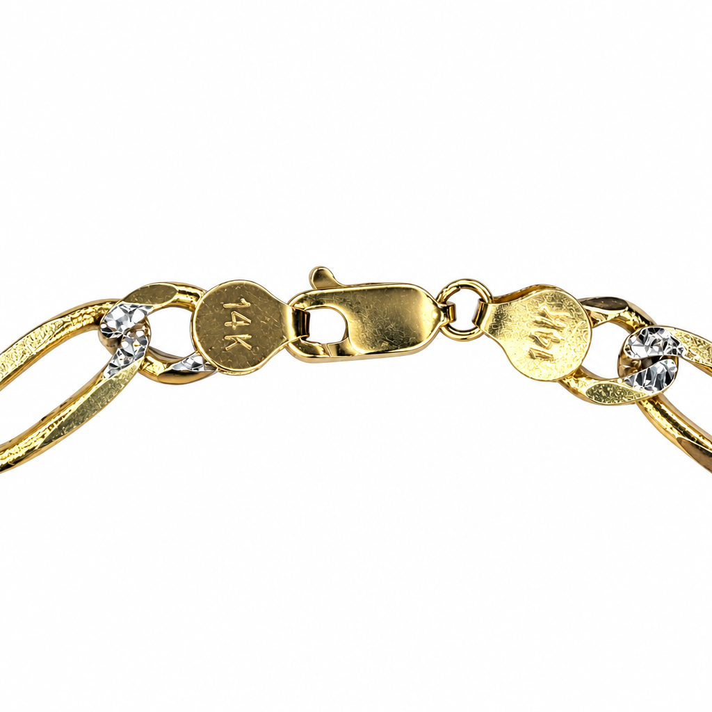 Lobster clasp close-up with visible 14K hallmark on bracelet tab