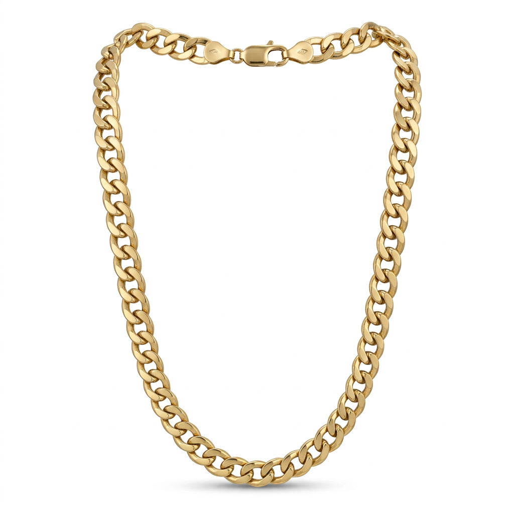 G380 18K yellow gold curb chain necklace in a full natural drape on white