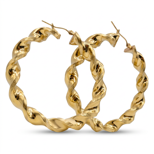 Pair of 10K yellow gold twisted hoop earrings on a white background