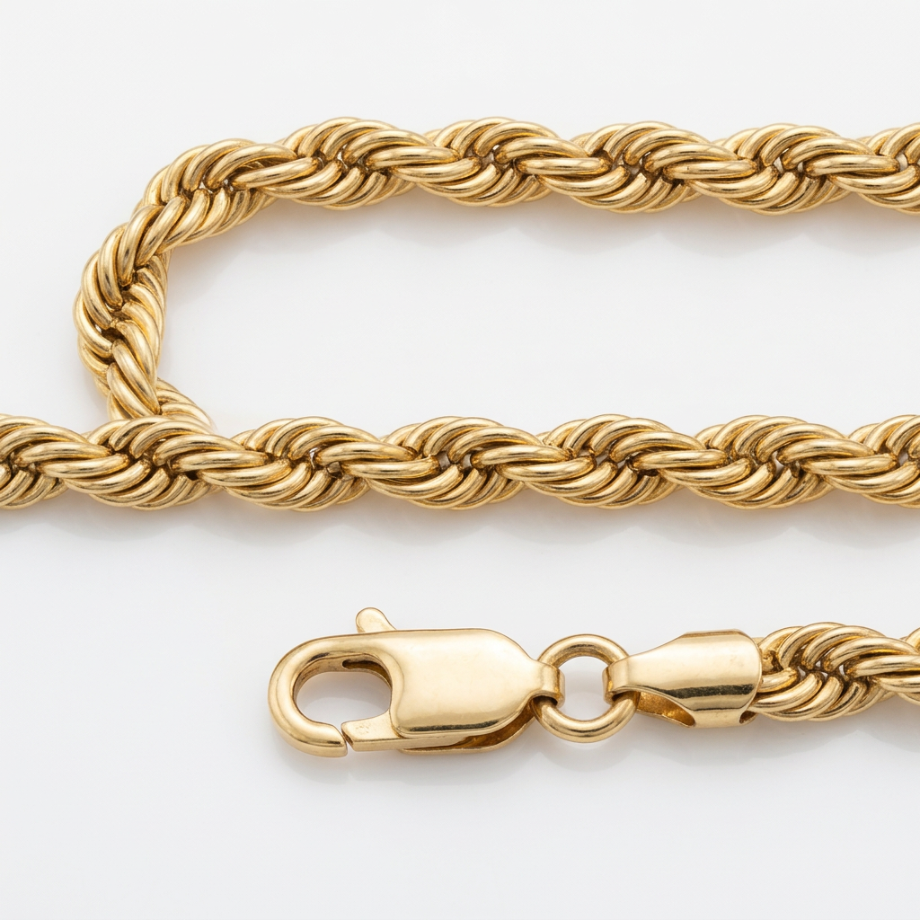Close-up of polished yellow gold rope links and lobster clasp