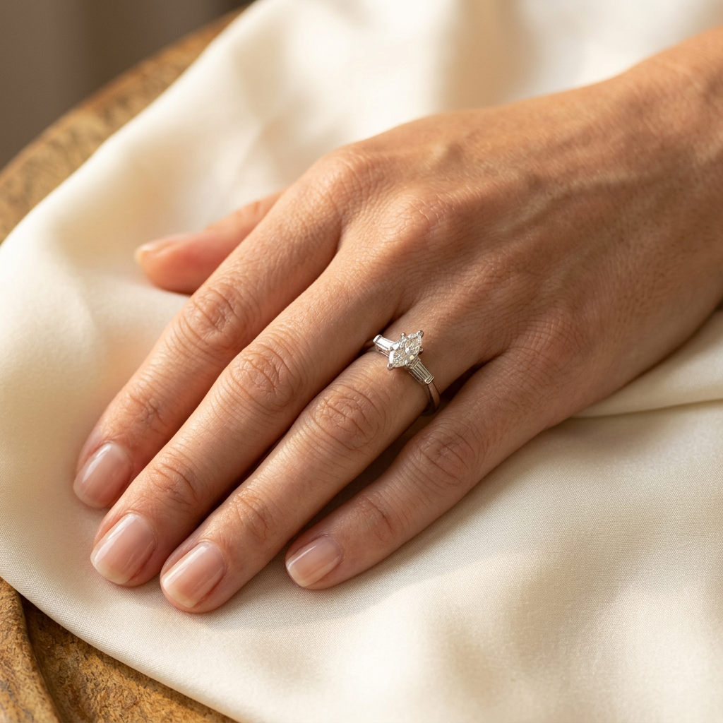 Delicate white gold marquise diamond ring worn on a hand