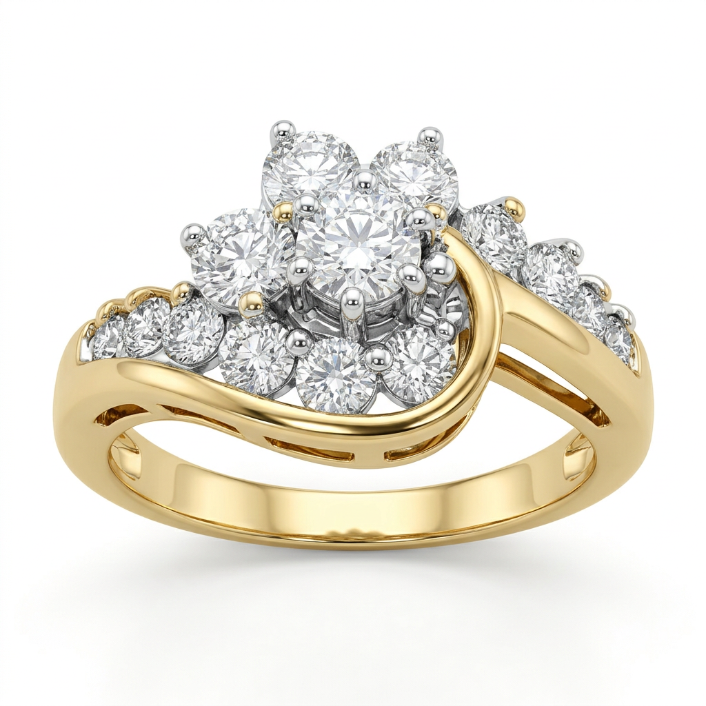 G202 yellow gold diamond cluster bypass ring, three-quarter front view