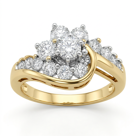 G202 yellow gold diamond cluster bypass ring, three-quarter front view