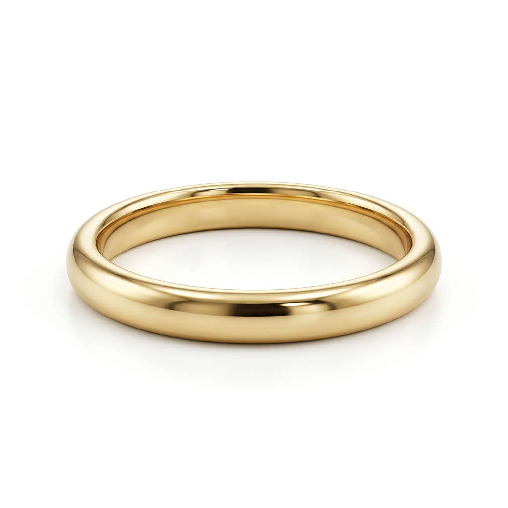 18K yellow gold round wedding band, angled studio view