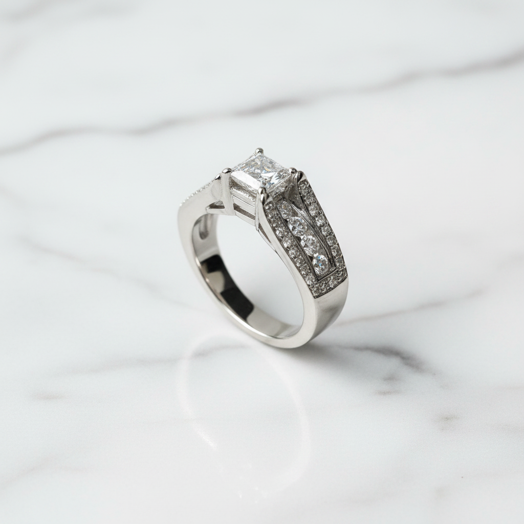 14K White Gold Diamond Ring 45-degree angle