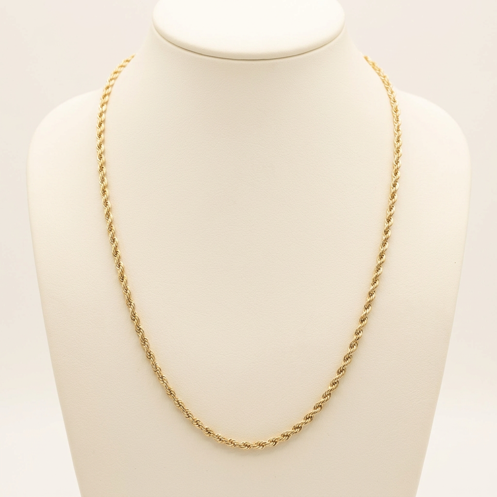 24-inch yellow gold rope chain displayed on an ivory necklace bust