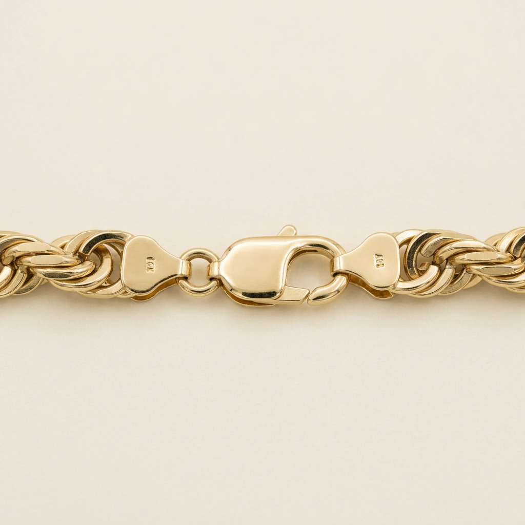 R2281 yellow gold lobster clasp and rope chain end tabs