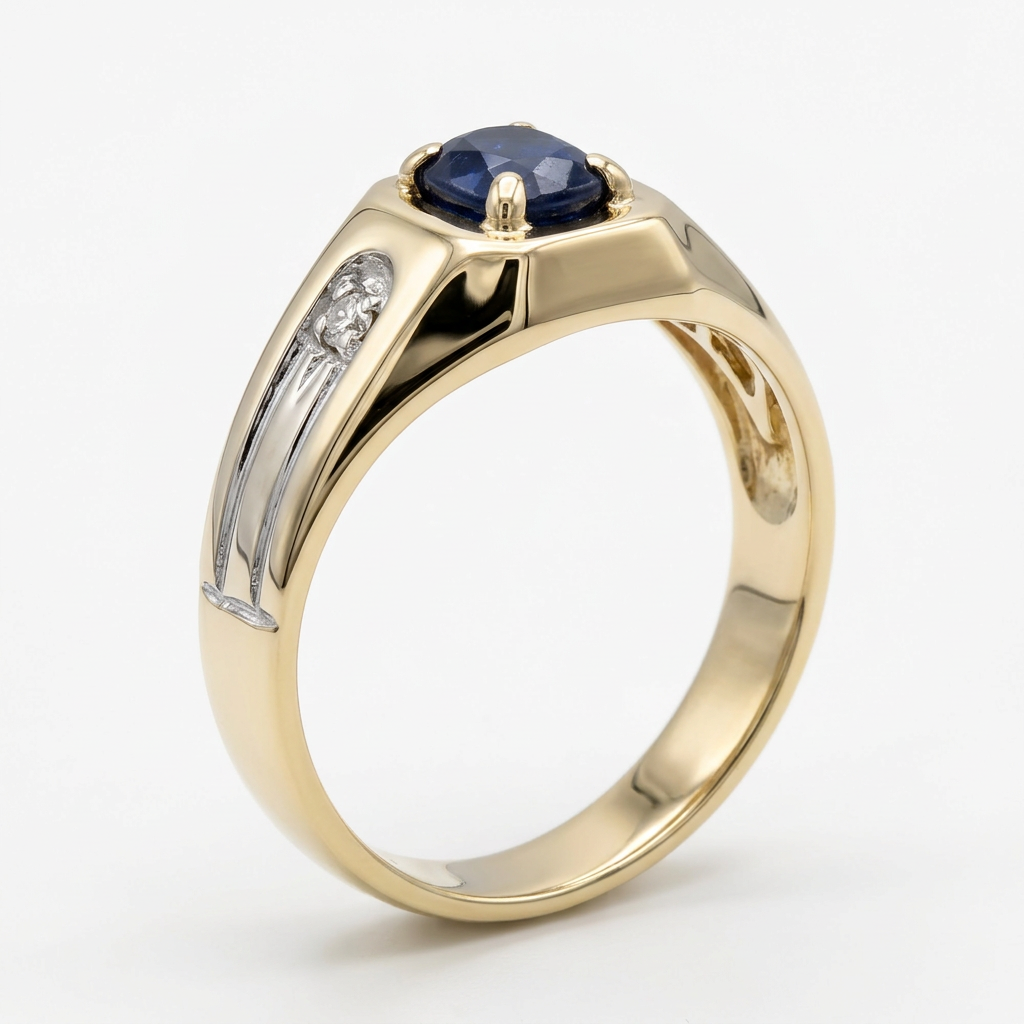 10K yellow gold men's ring with a deep blue square sapphire center and diamond-set white gold shoulders, standing upright on a white background