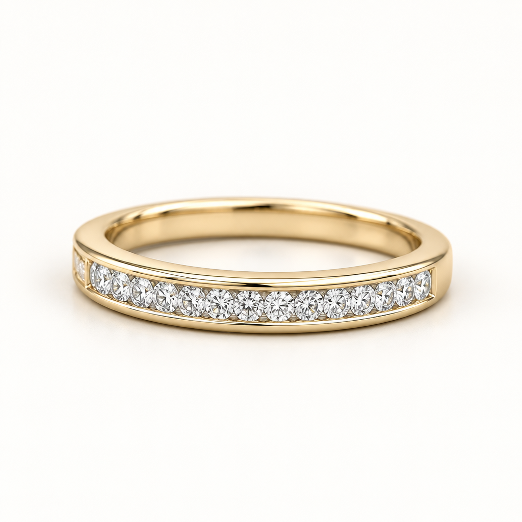 10K yellow gold natural diamond channel band, front three-quarter view