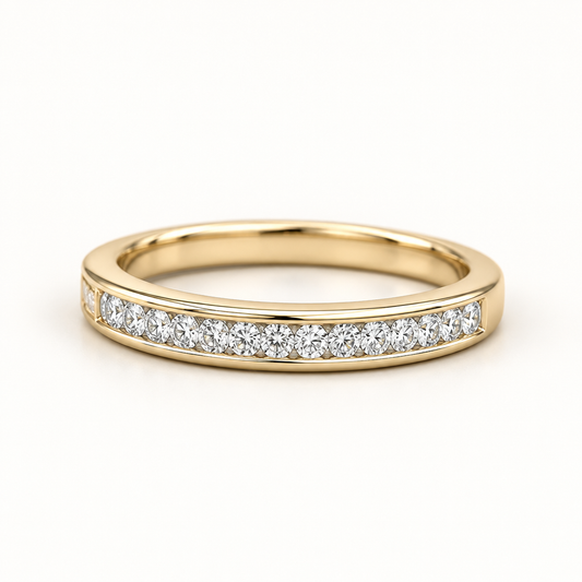 10K yellow gold natural diamond channel band, front three-quarter view