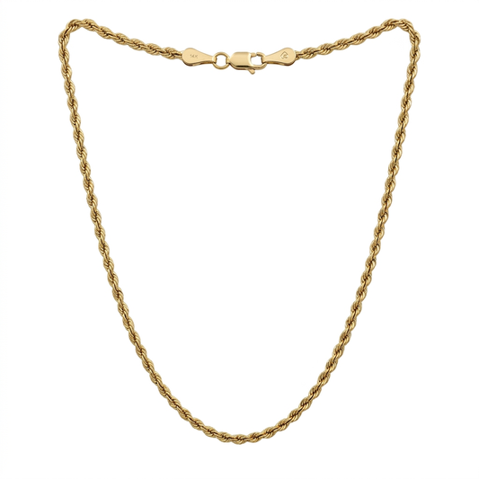 G347 solid 14K yellow gold 3mm rope chain in a natural drape on white
