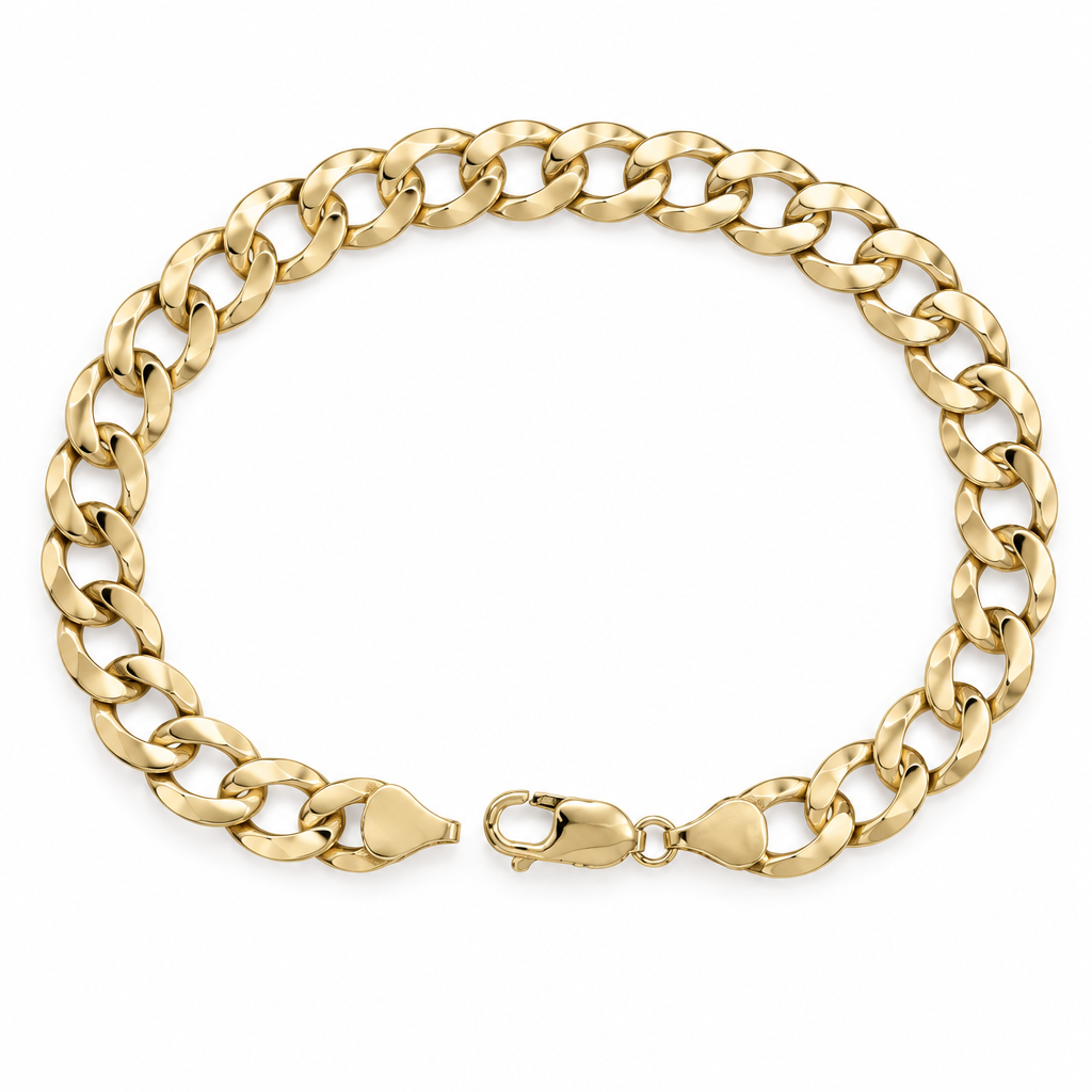10K yellow gold curb link bracelet on white background