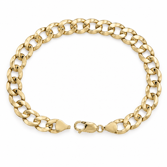 10K yellow gold curb link bracelet on white background