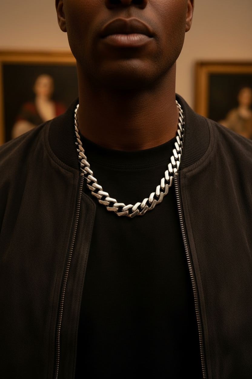 Model wearing an 18K white gold Miami Cuban link chain over a black crew-neck tee and open charcoal bomber jacket