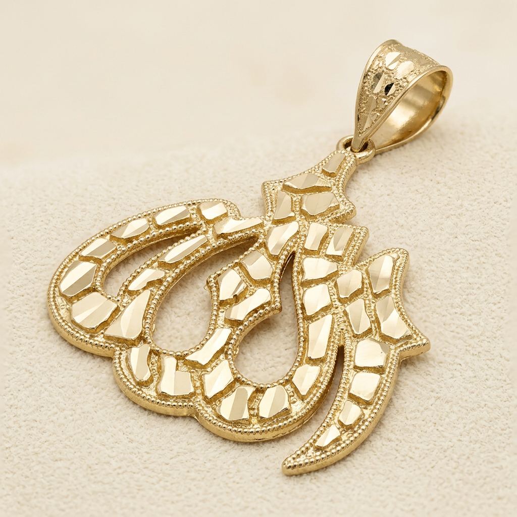 Angled view of yellow gold Allah calligraphy pendant