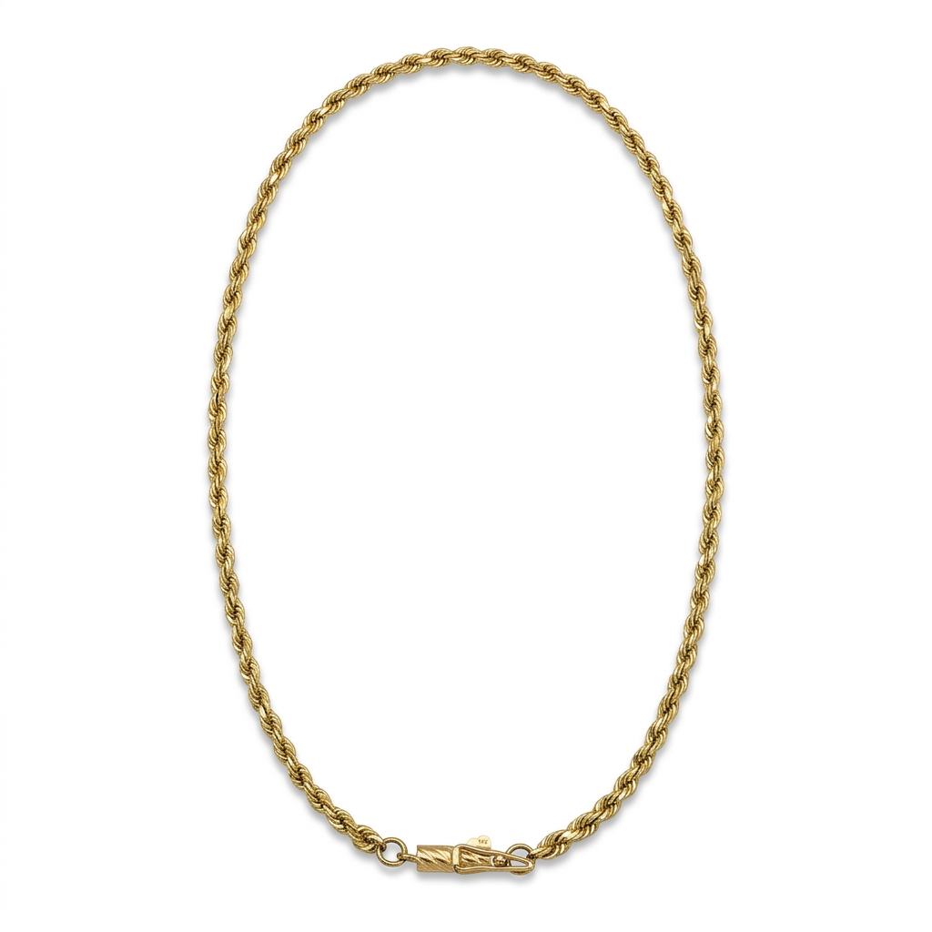 G341 14K yellow gold 3mm rope chain necklace in an elongated oval on white