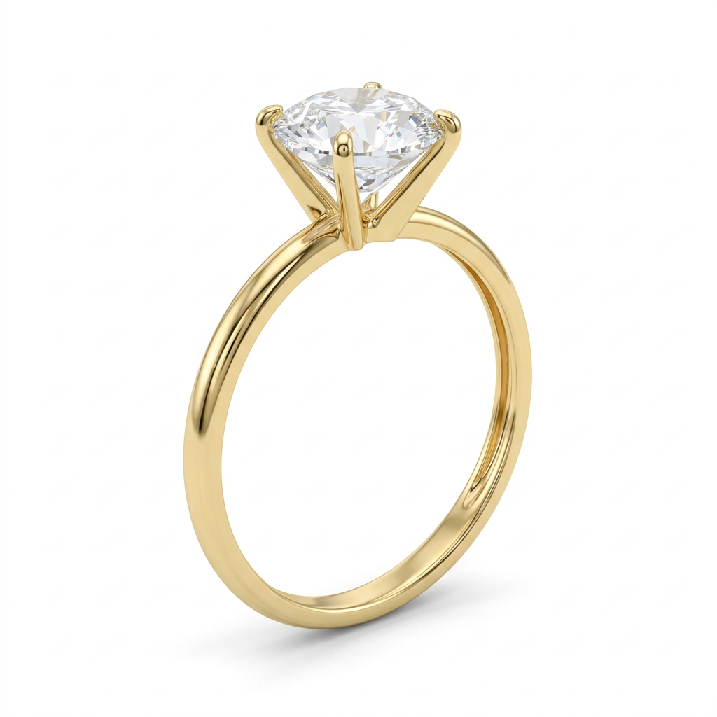 G114 10K yellow gold round CZ solitaire ring, three-quarter studio view