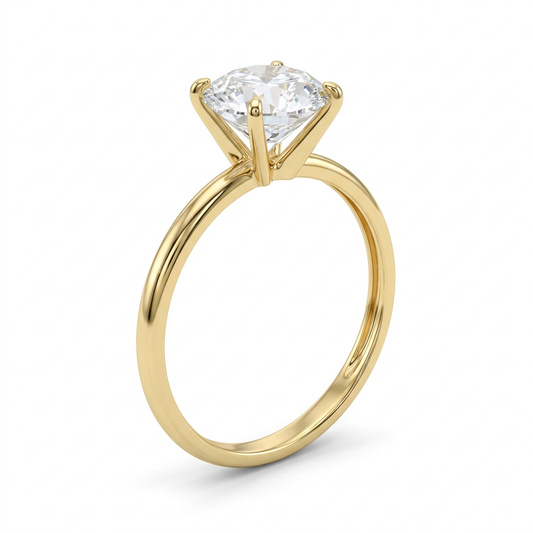 G114 10K yellow gold round CZ solitaire ring, three-quarter studio view