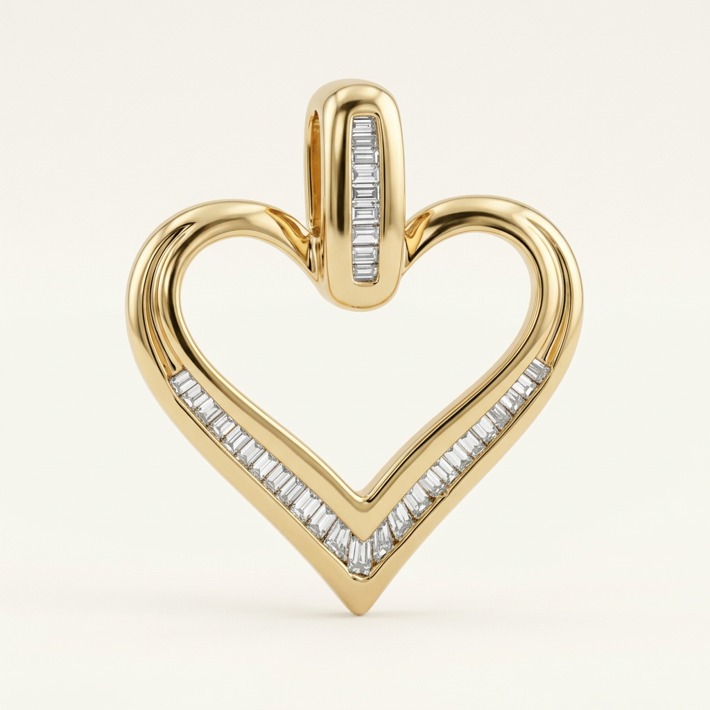 Angled view of yellow gold heart pendant with baguette diamond channels
