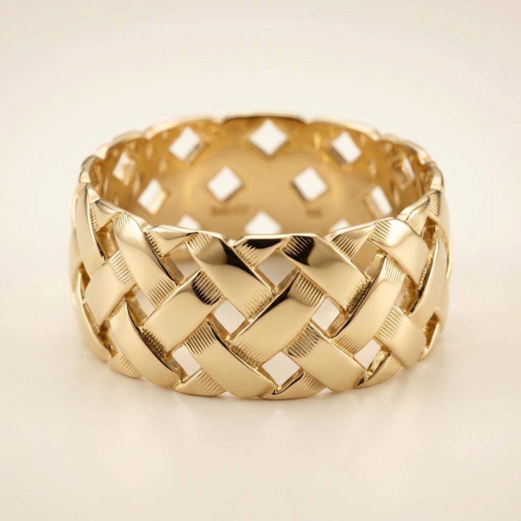 Polished and textured basket weave detail on G098 14K gold ring