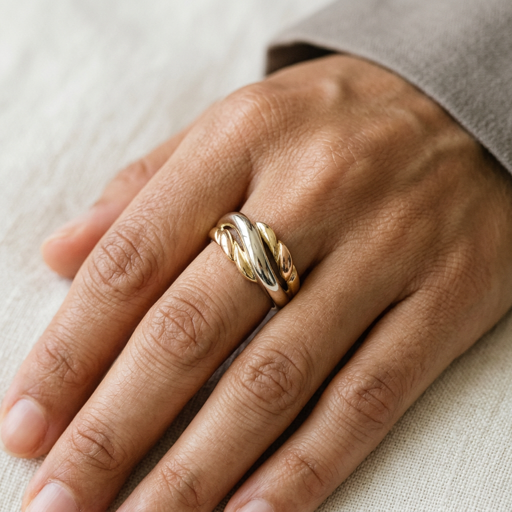G147 size 7 tri-tone yellow, white and rose gold ring worn on a hand