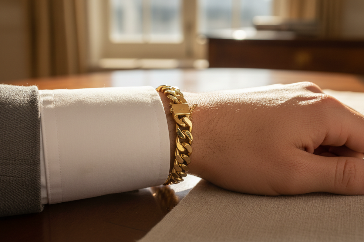 14K Yellow Gold Cuban Link Bracelet worn on wrist lifestyle photo