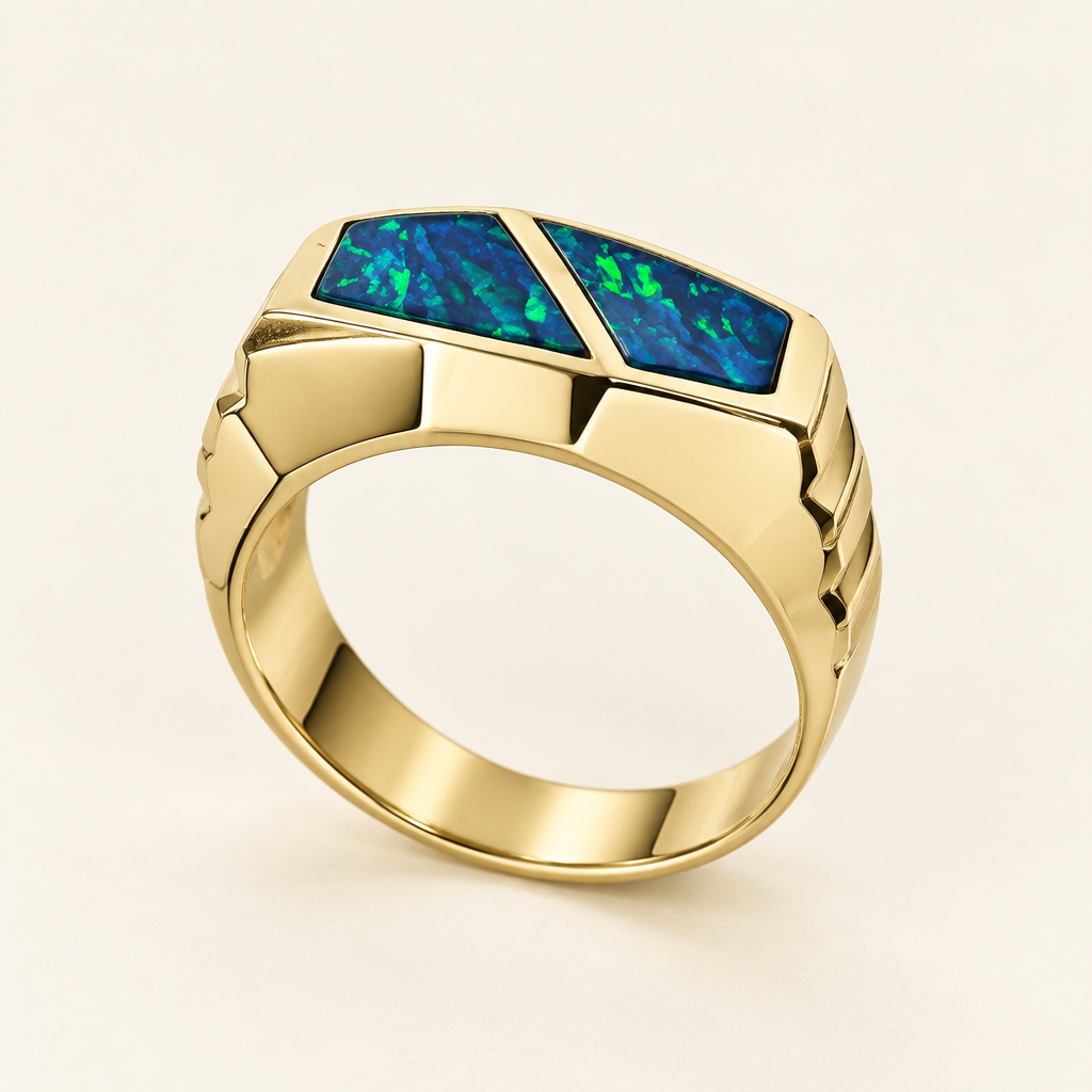 Angled view of yellow gold opal inlay signet ring