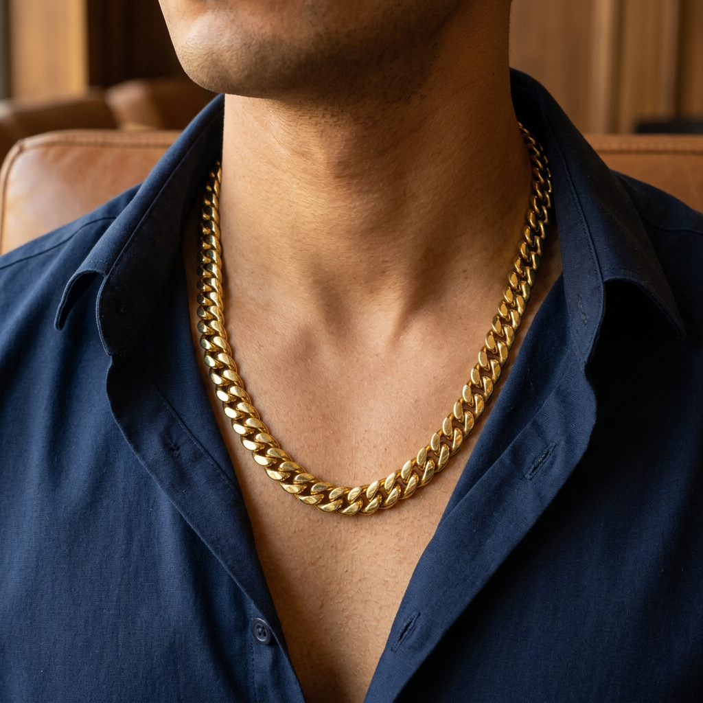24-inch yellow gold Cuban link chain worn with an open-collar navy shirt