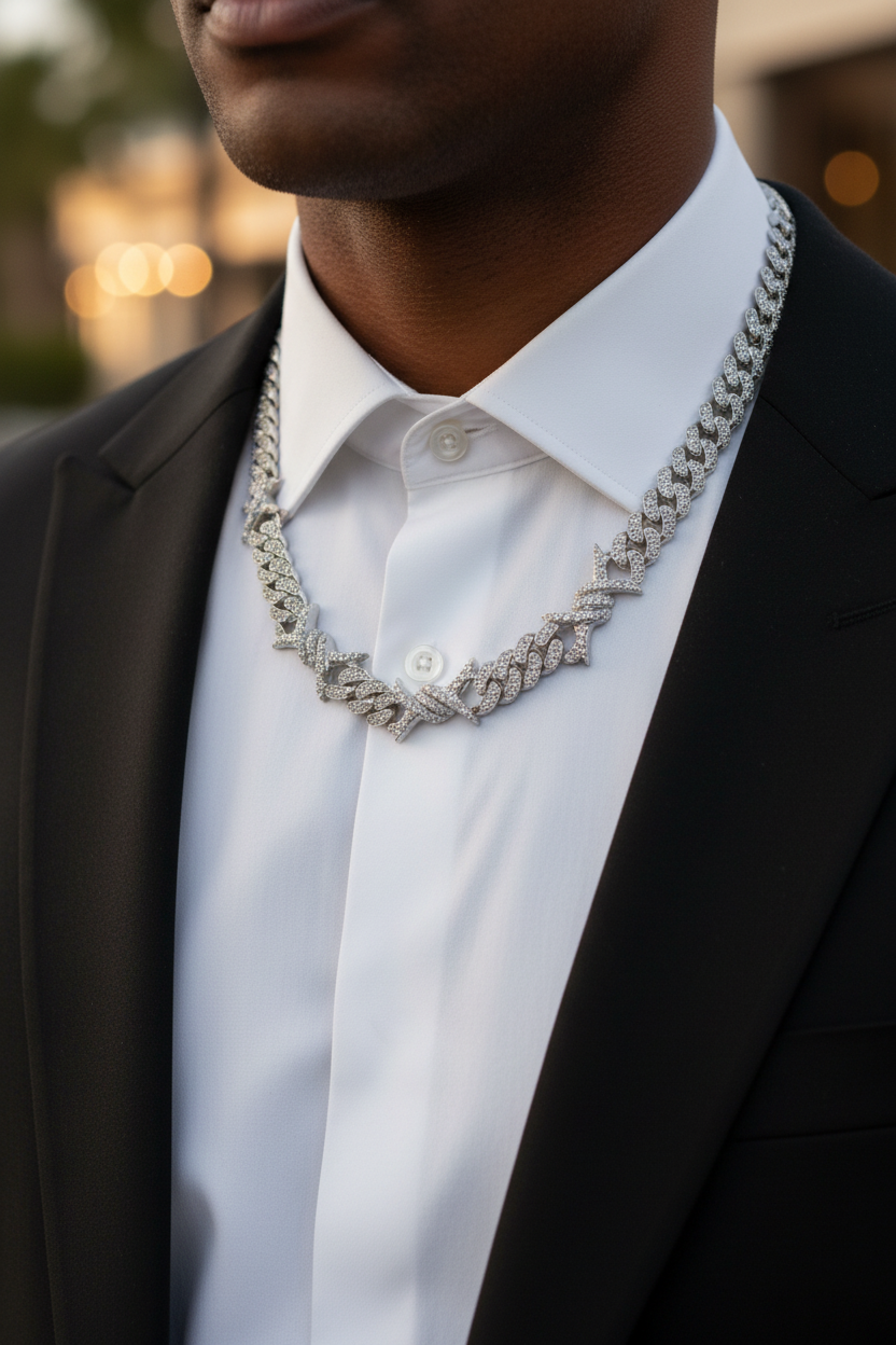 10K white gold diamond Cuban-link chain worn with a tailored black evening jacket