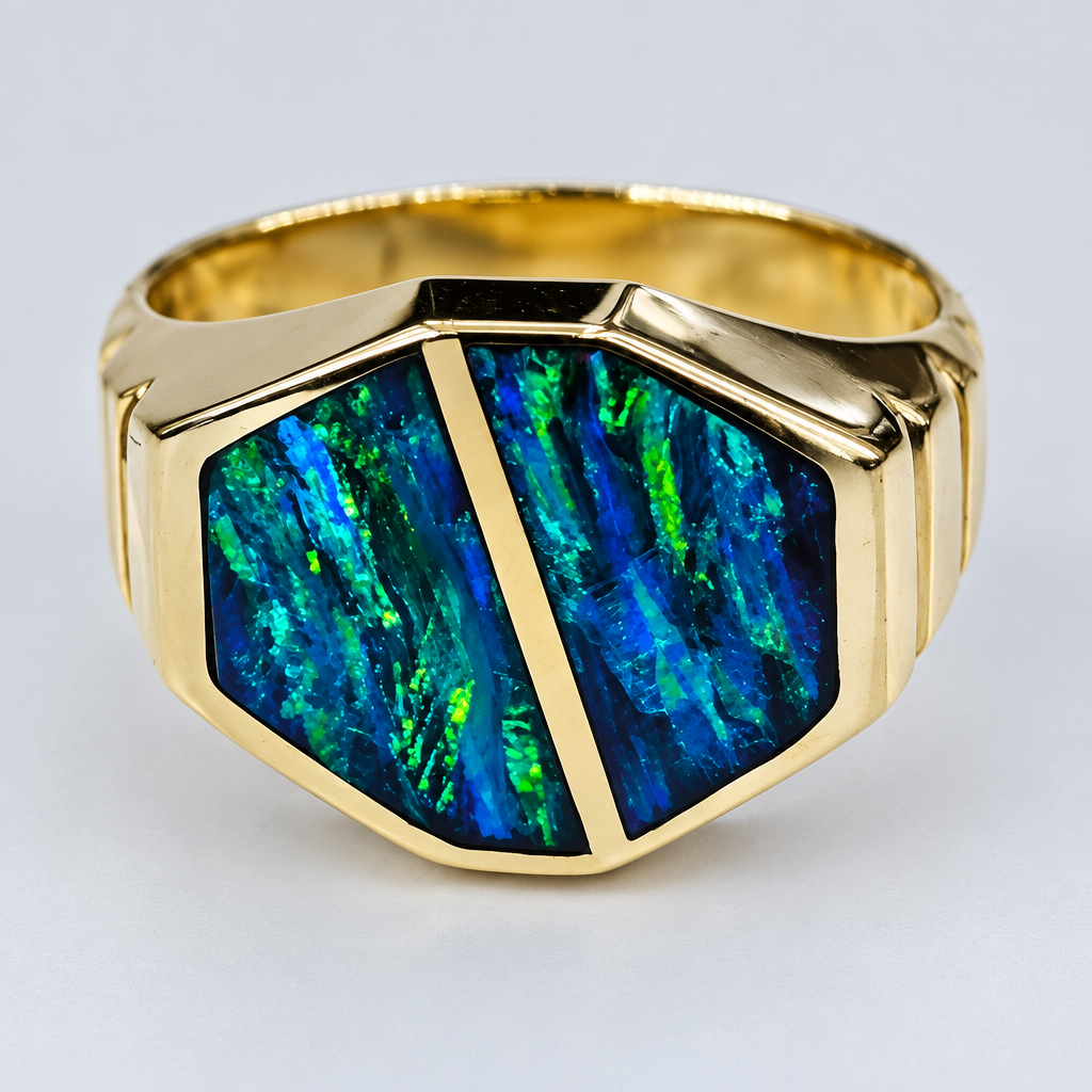 Close-up of blue-green opal inlay and diagonal gold divider